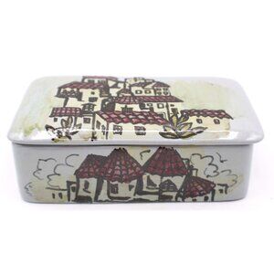 Italian Pottery Ceramic Trinket Box Village Scene Lid Gray Purple Signed Vintage